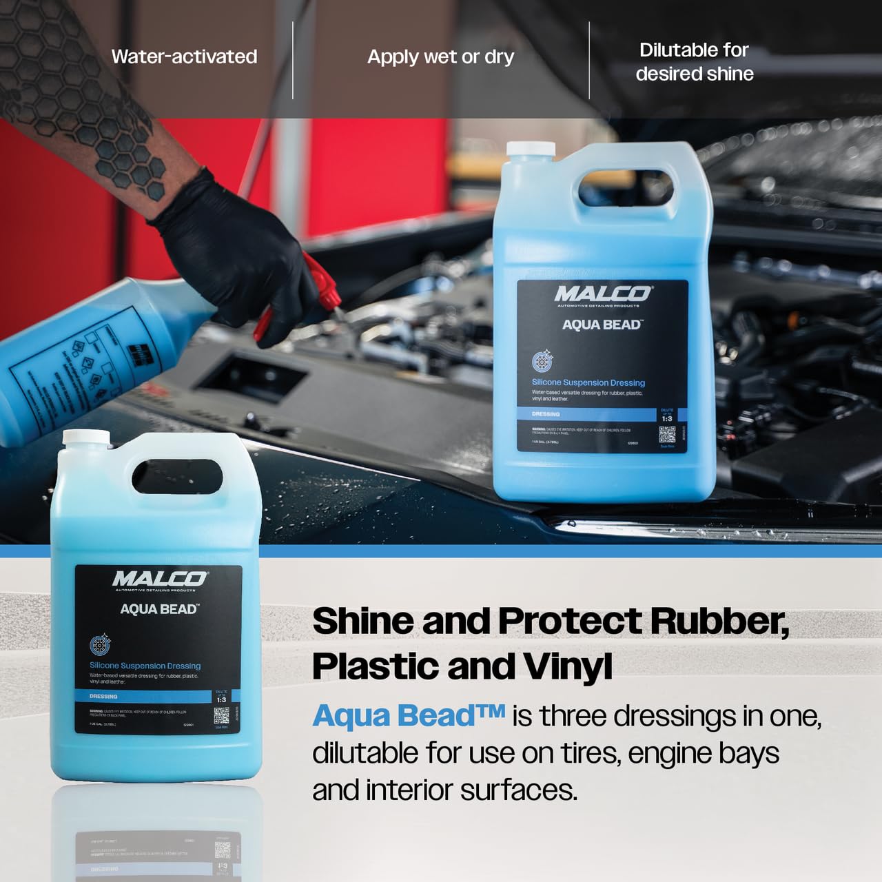 Malco Aqua Bead Water Based Dressing - Non-Greasy Interior and Exterior Dressing/Shines Car Tires, Rubber, Plastic and Trim/Concentrated Formula, Dilutable for Variable Gloss / 1 Gallon (129601) - Image 5