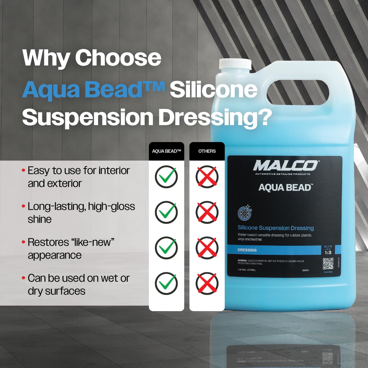 Malco Aqua Bead Water Based Dressing - Non-Greasy Interior and Exterior Dressing/Shines Car Tires, Rubber, Plastic and Trim/Concentrated Formula, Dilutable for Variable Gloss / 1 Gallon (129601) - Image 6