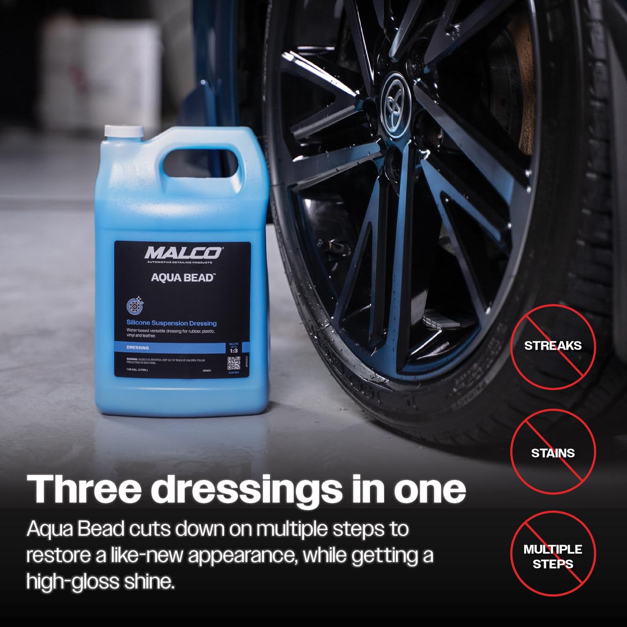 Malco Aqua Bead Water Based Dressing - Non-Greasy Interior and Exterior Dressing/Shines Car Tires, Rubber, Plastic and Trim/Concentrated Formula, Dilutable for Variable Gloss / 1 Gallon (129601) - Image 7
