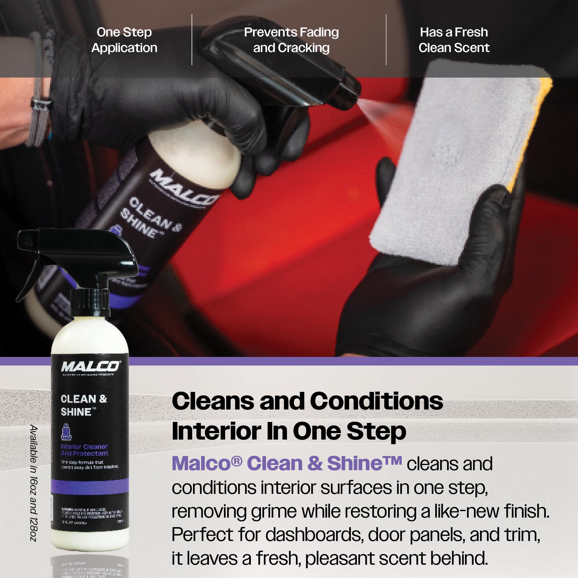 Malco Clean and Shine Interior Car Cleaner and Dressing - Best Interior Car Care to Restore Leather Plastic and Vinyl / 1 Simple Step To Clean, Condition, and Protect/Non-Glare Satin Finish (125901) - Image 5