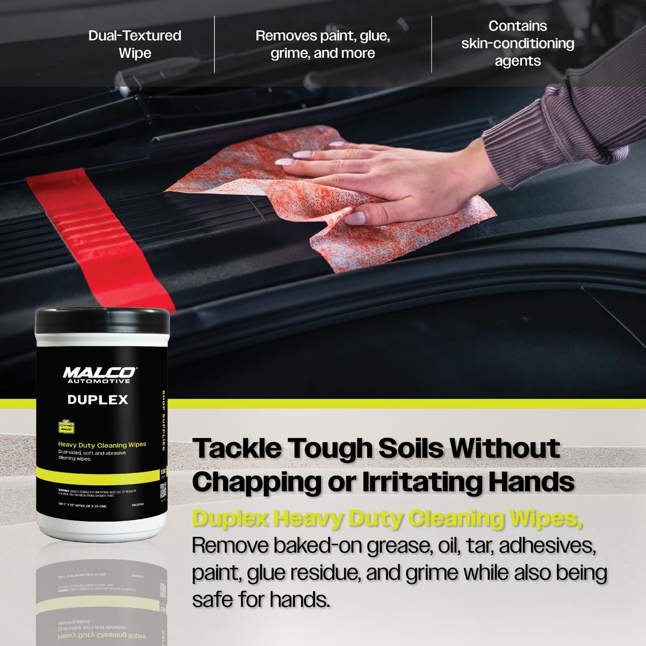 Malco Duplex Heavy Duty Cleaning Wipes for Home and Auto - Dual Sided Textured, Wet Wipe/Removes Grease, Tar, Paint, Oil, Dirt/No Residue/Safe for Hands/Made in USA (130 Wipes) - Image 6