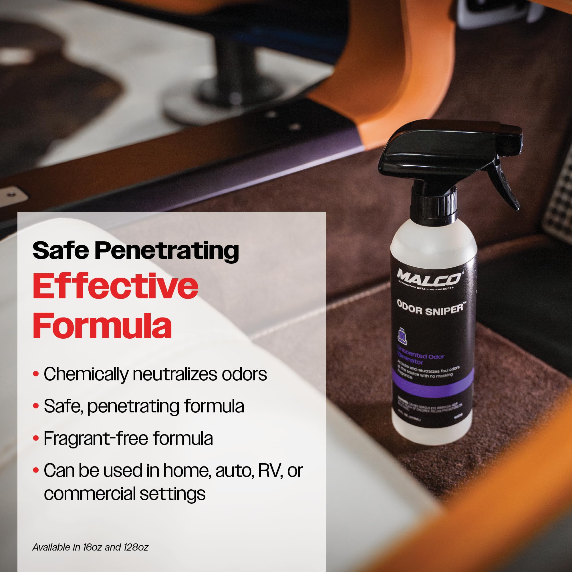 Malco Odor Sniper - Fragrance-Free Odor Eliminator for Car Interiors/Penetrates Odors at the Source/Chemically Neutralizes Foul Scents in Your Vehicle / 16 Oz. (199016) - Image 3