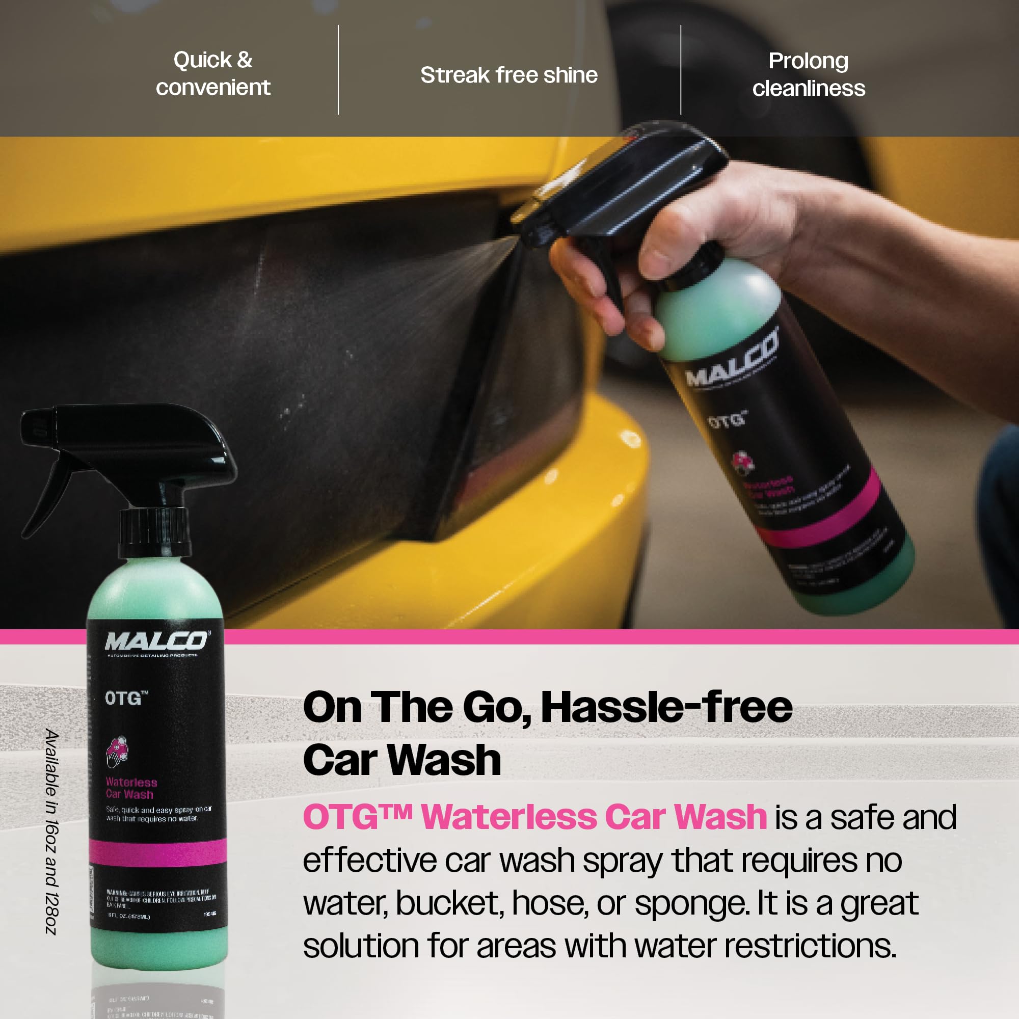 Malco OTG Waterless Car Wash (16 Oz.) - 100% Waterless Car Wash Spray/No Water or Bucket Needed/Safe and Effective Cleaning Solution for Cars/Great for On The Go or Regular Use (199416) - Image 6