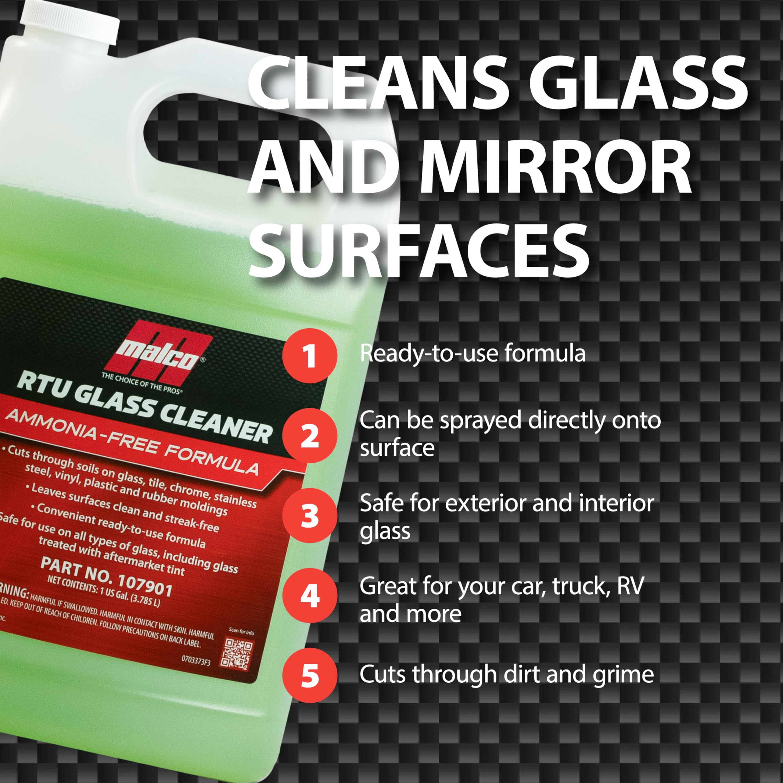 Malco Ready-To-Use Glass Cleaner - Streak-Free Removal of Dirt, Grease, Oils, & Bug Debris from Glass, Chrome, Tile, Stainless Steel, Vinyl, Rubber/Ammonia-Free & Tint Safe / 1 Gallon (107901) - Image 3