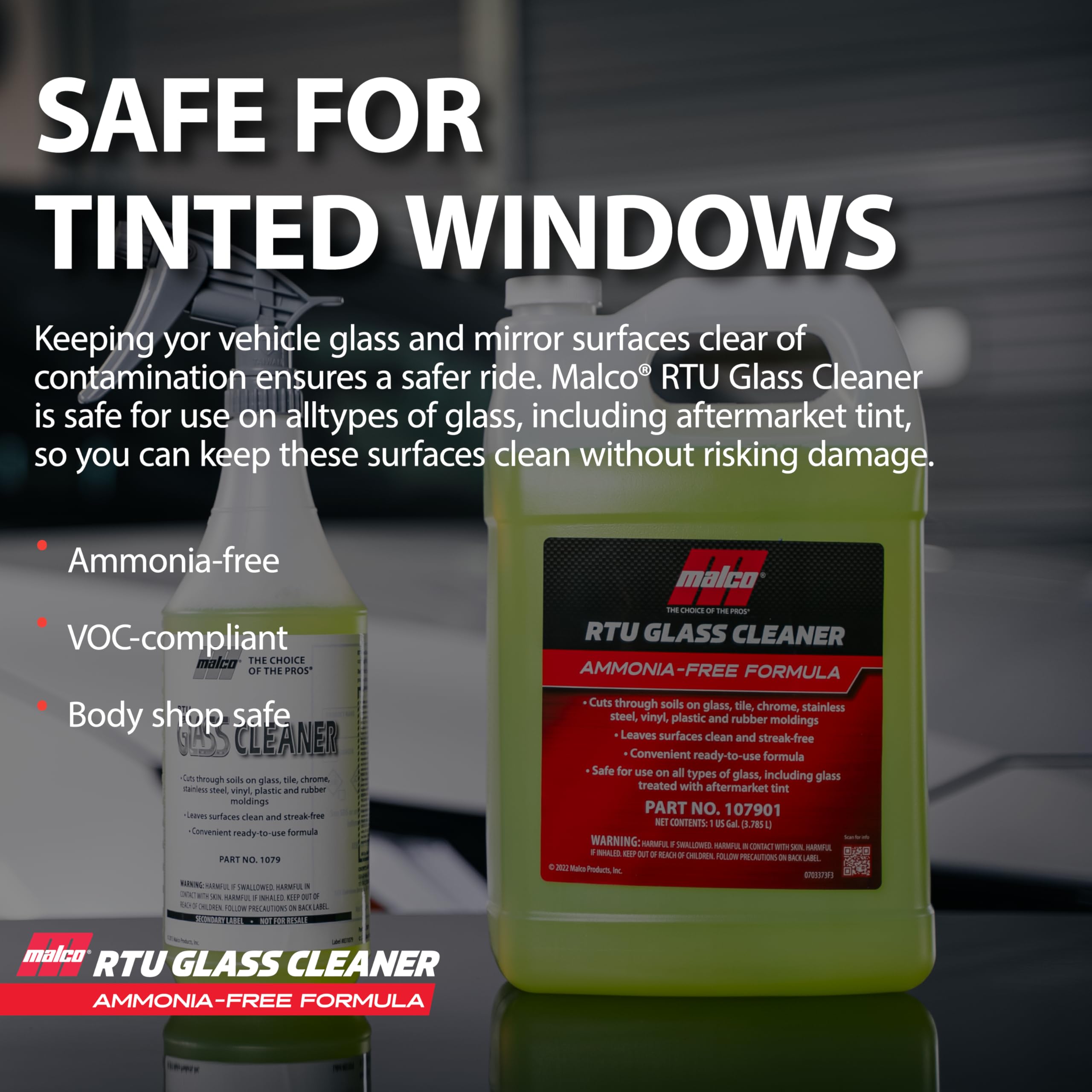 Malco Ready-To-Use Glass Cleaner - Streak-Free Removal of Dirt, Grease, Oils, & Bug Debris from Glass, Chrome, Tile, Stainless Steel, Vinyl, Rubber/Ammonia-Free & Tint Safe / 1 Gallon (107901) - Image 4