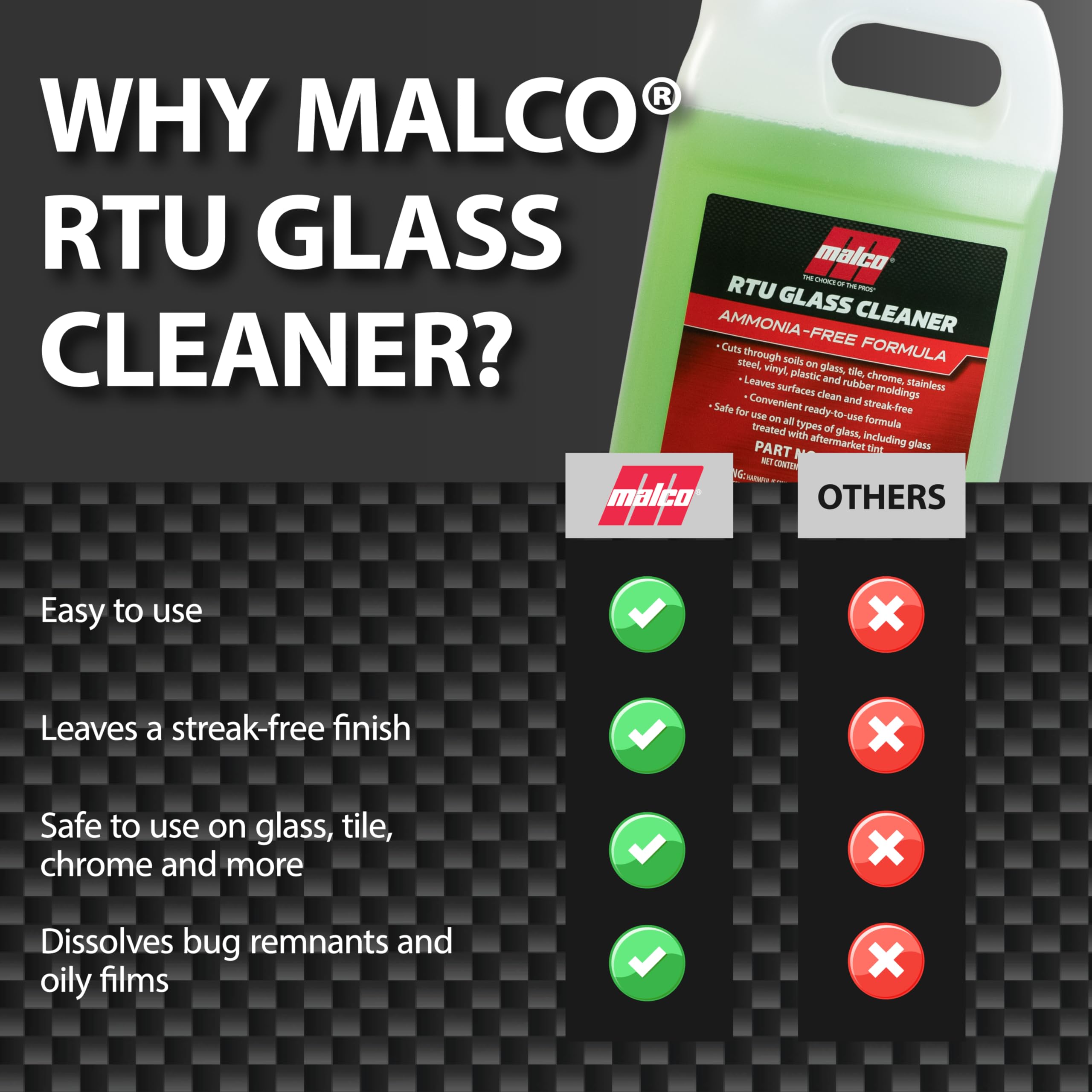 Malco Ready-To-Use Glass Cleaner - Streak-Free Removal of Dirt, Grease, Oils, & Bug Debris from Glass, Chrome, Tile, Stainless Steel, Vinyl, Rubber/Ammonia-Free & Tint Safe / 1 Gallon (107901) - Image 5