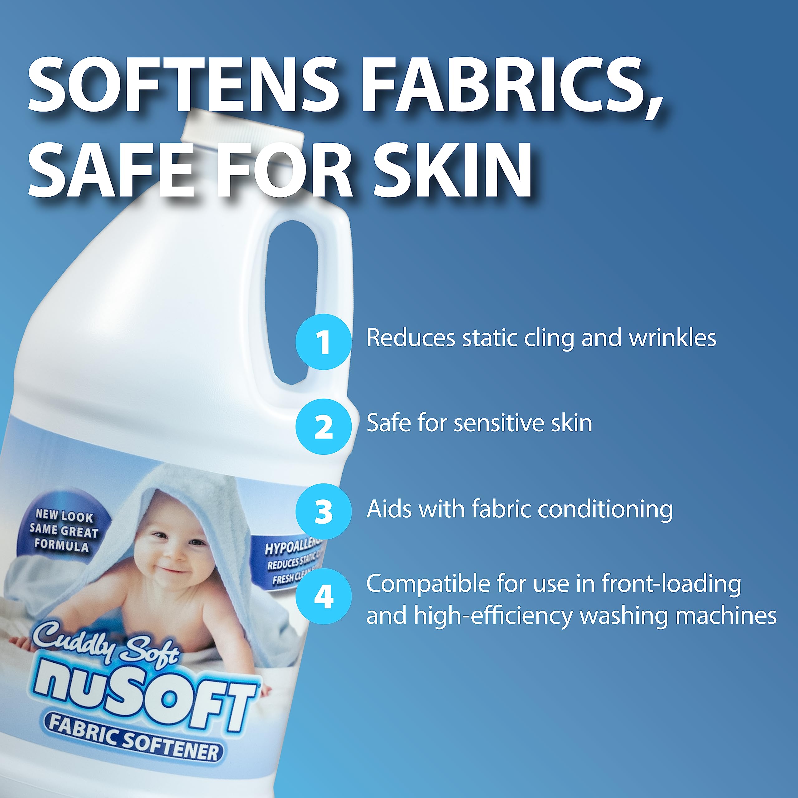 NuSoft 64 fl oz Ultra Concentrated Hypoallergenic Fabric Softener - Enhanced Softness & Freshness, Reduces Wrinkles & Static Cling, Safe on Colors & Delicates, Great for Delicate Skin (419690) - Image 4