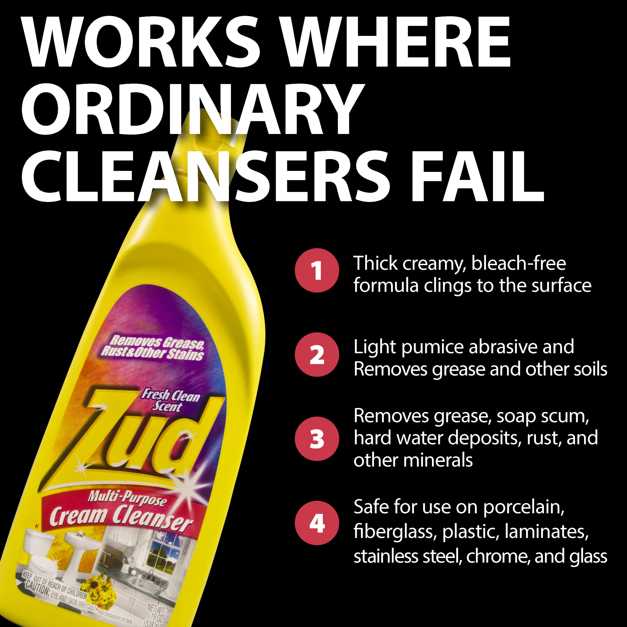 Zud Cream Cleanser (2-Pack) - Ultimate Bathroom Cleaner / Bleach-Free Formula for Shiny Surfaces / Removes Rust, Hard Water Stains, & Grime / Best for Countertops, Bathrooms, Marble, and More (530019) - Image 4