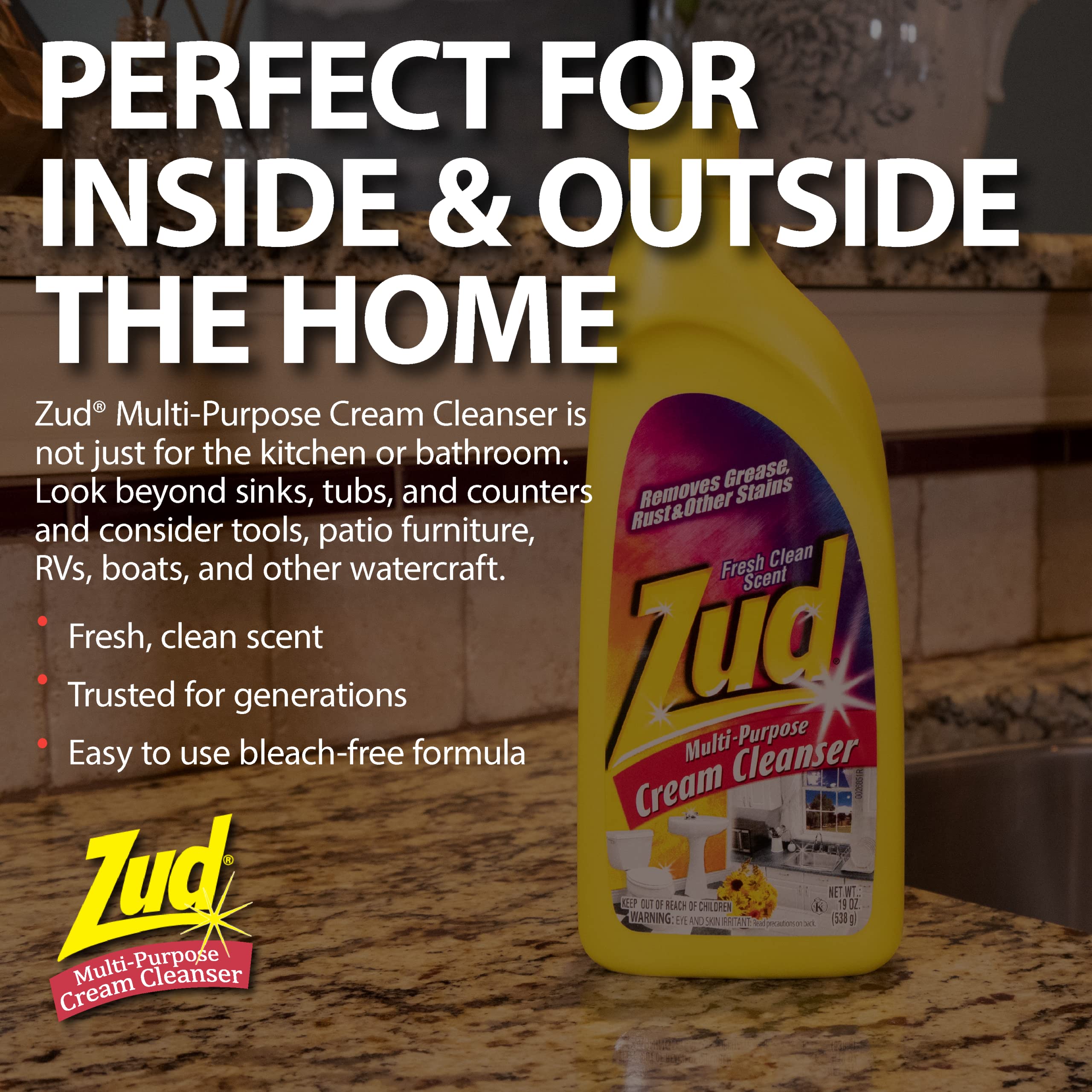 Zud Cream Cleanser (2-Pack) - Ultimate Bathroom Cleaner / Bleach-Free Formula for Shiny Surfaces / Removes Rust, Hard Water Stains, & Grime / Best for Countertops, Bathrooms, Marble, and More (530019) - Image 6