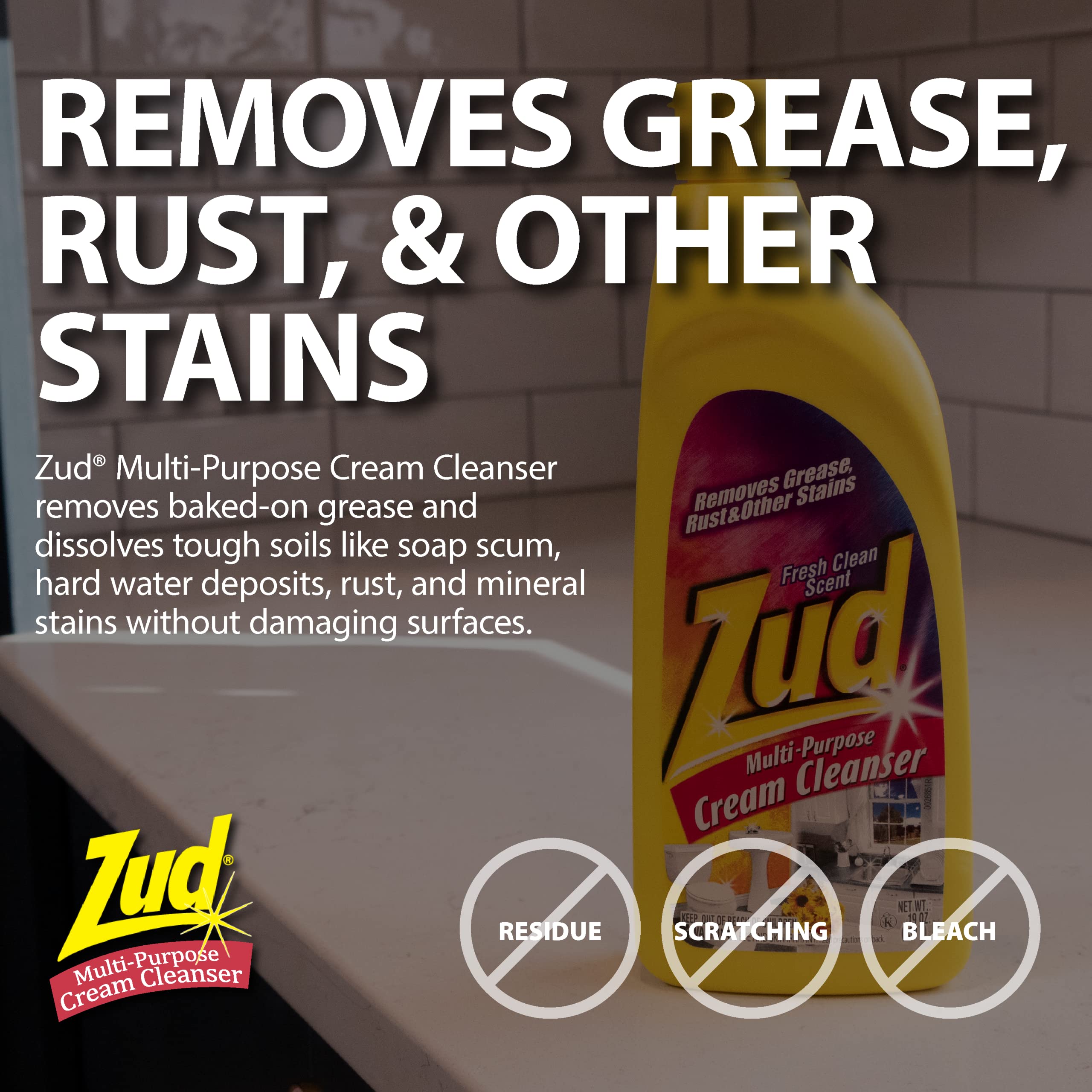 Zud Cream Cleanser (2-Pack) - Ultimate Bathroom Cleaner / Bleach-Free Formula for Shiny Surfaces / Removes Rust, Hard Water Stains, & Grime / Best for Countertops, Bathrooms, Marble, and More (530019) - Image 7